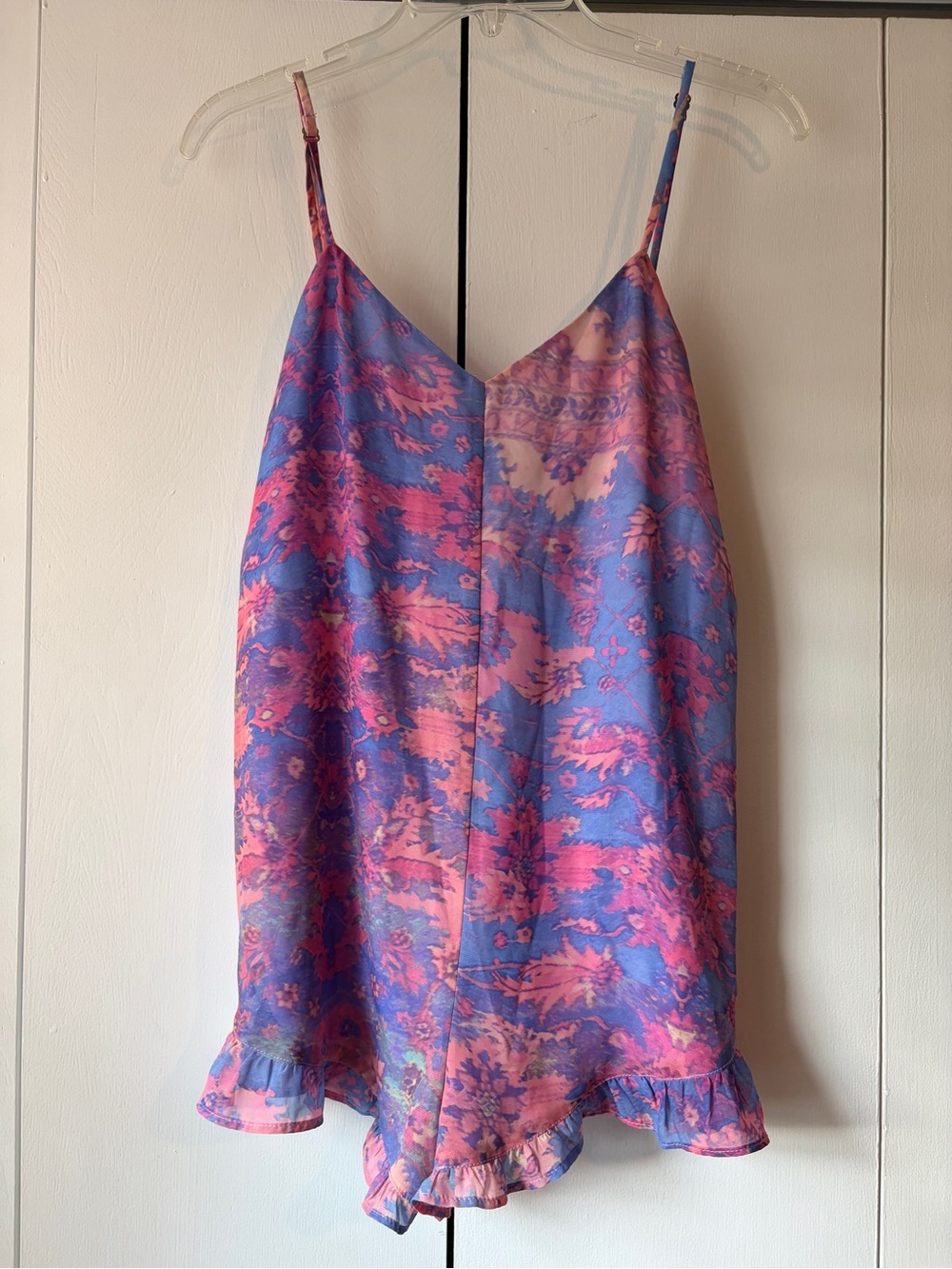 Show Me Your Mumu pink and blue floral print romper in a small.